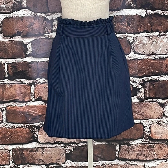 Oliver Bonas Skirt Paperbag Waist Blue Pinstripes Pockets Knee Length 14 - Picture 3 of 15